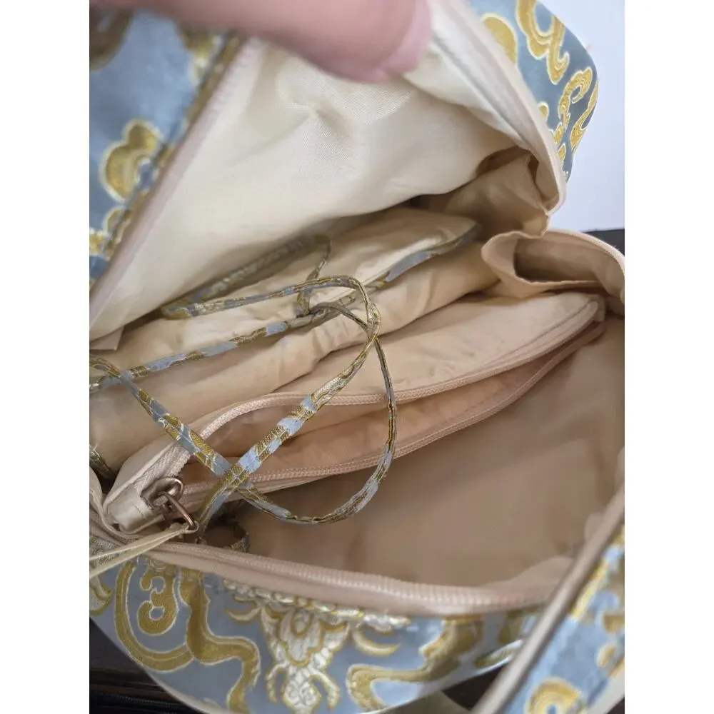 4 Piece Chinoiserie Zip Travel Cosmetic Tote Bag Set Blue Gold Satin